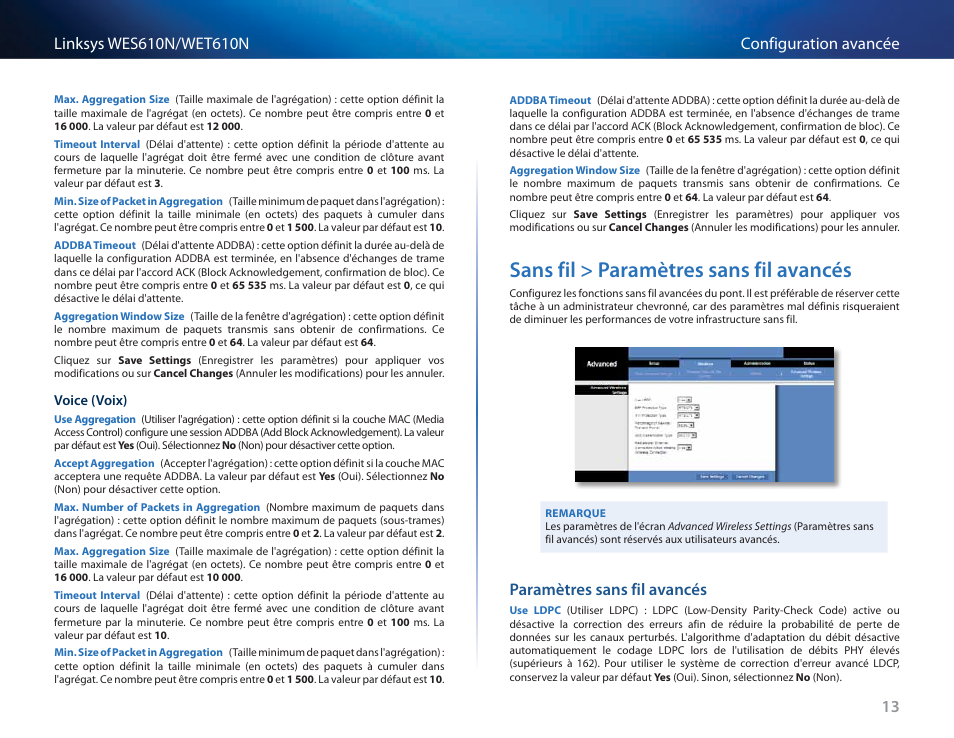 Sans fil > paramètres sans fil avancés, Paramètres sans fil avancés, Sans fil > paramètres sans fil avancés 13 | Cisco WES610N User Manual | Page 182 / 546