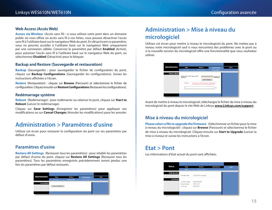Administration > paramètres d'usine, Paramètres d'usine, Administration > mise à niveau du micrologiciel | Mise à niveau du micrologiciel, Etat > pont, Administration > paramètres d'usine 15, Administration > mise à niveau du micrologiciel 15, Etat > pont 15 | Cisco WES610N User Manual | Page 184 / 546