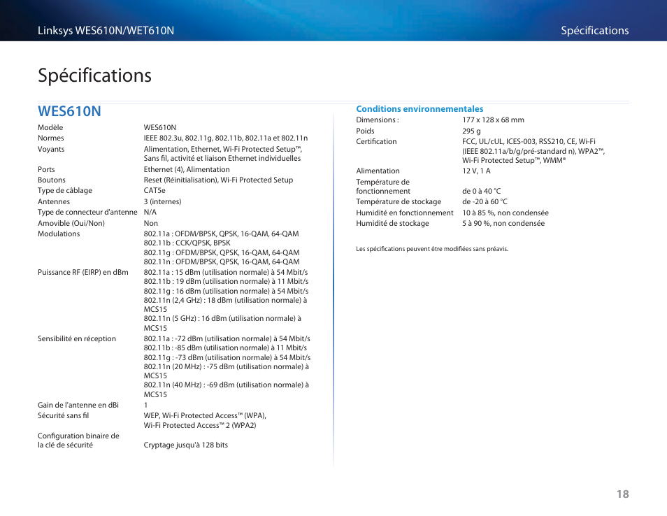 Spécifications, Wes610n, Wes610n 18 | Cisco WES610N User Manual | Page 187 / 546