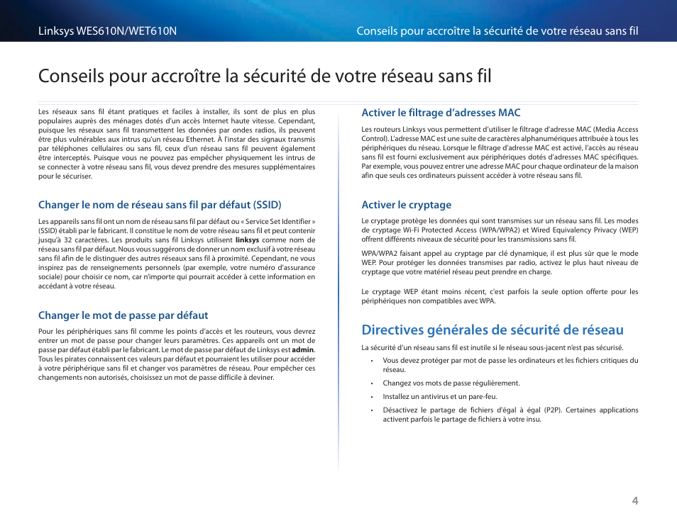 Changer le mot de passe par défaut, Activer le filtrage d’adresses mac, Activer le cryptage | Directives générales de sécurité de réseau, Conseils pour accroître la sécurité de, Votre réseau sans fil | Cisco WES610N User Manual | Page 194 / 546