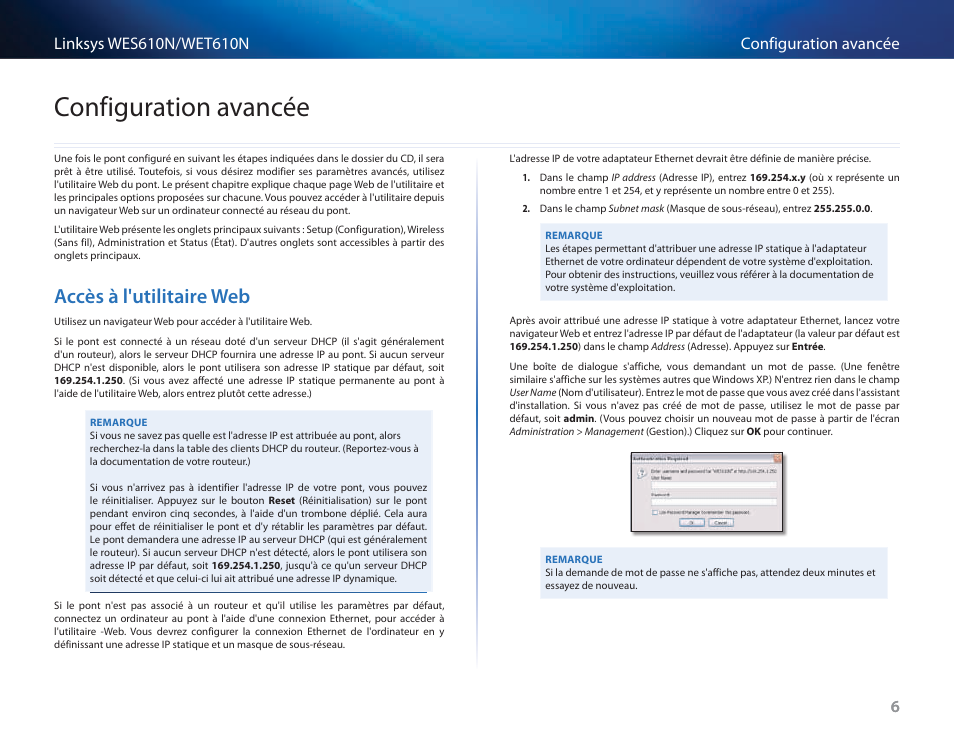 Configuration avancée, Accès à l'utilitaire web | Cisco WES610N User Manual | Page 196 / 546