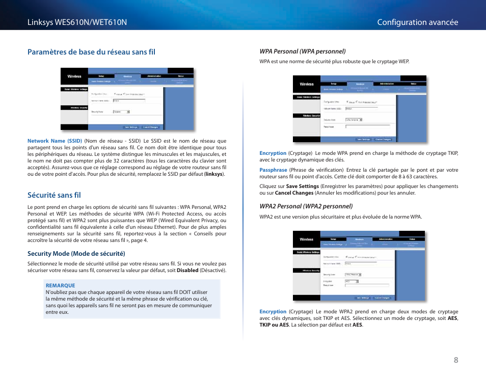 Paramètres de base du réseau sans fil, Sécurité sans fil | Cisco WES610N User Manual | Page 198 / 546