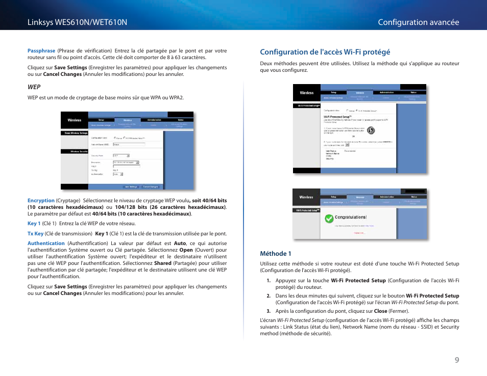Configuration de l'accès wi-fi protégé | Cisco WES610N User Manual | Page 199 / 546