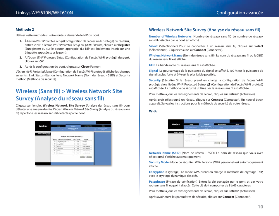 Wireless (sans fil) > wireless network site survey, Analyse du réseau sans fil) | Cisco WES610N User Manual | Page 200 / 546