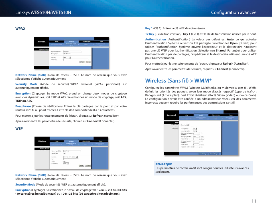 Wireless (sans fil) > wmm | Cisco WES610N User Manual | Page 201 / 546