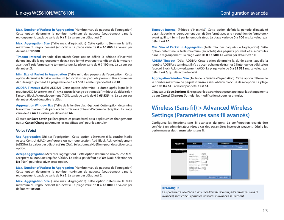 Wireless (sans fil) > advanced wireless settings, Paramètres sans fil avancés) | Cisco WES610N User Manual | Page 203 / 546