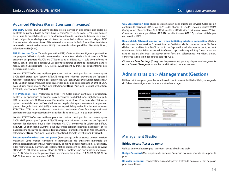 Advanced wireless (paramètres sans fil avancés), Administration > management (gestion), Management (gestion) | Cisco WES610N User Manual | Page 204 / 546