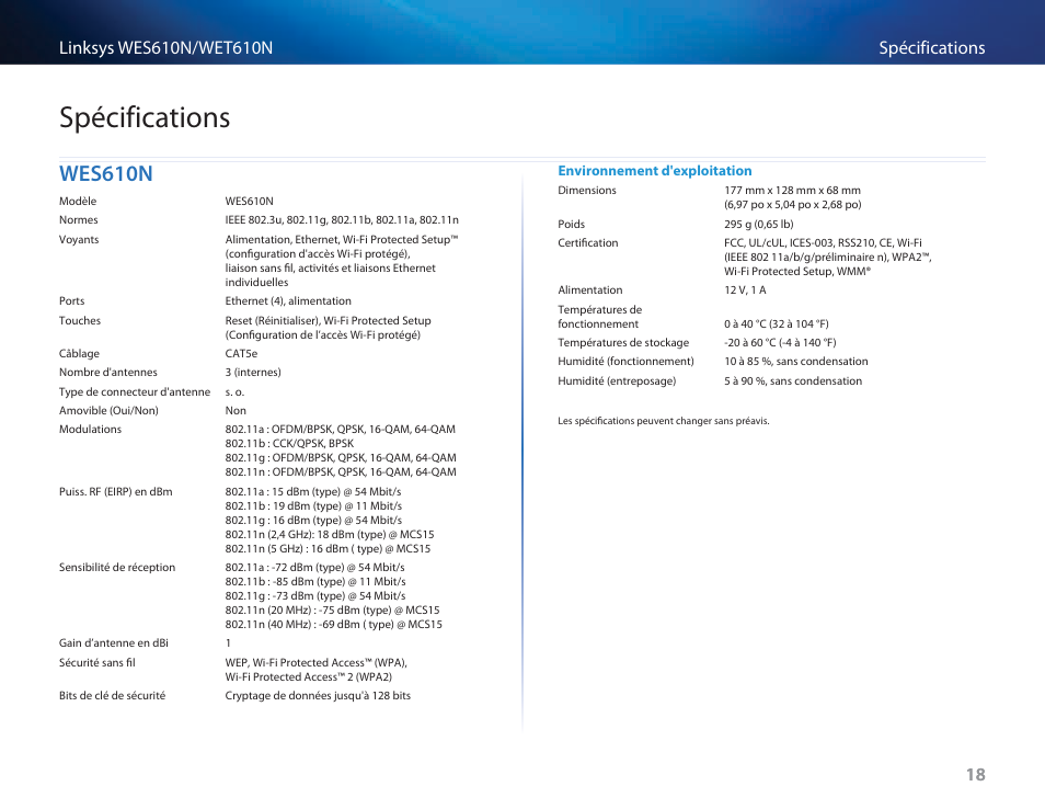 Spécifications, Wes610n | Cisco WES610N User Manual | Page 208 / 546