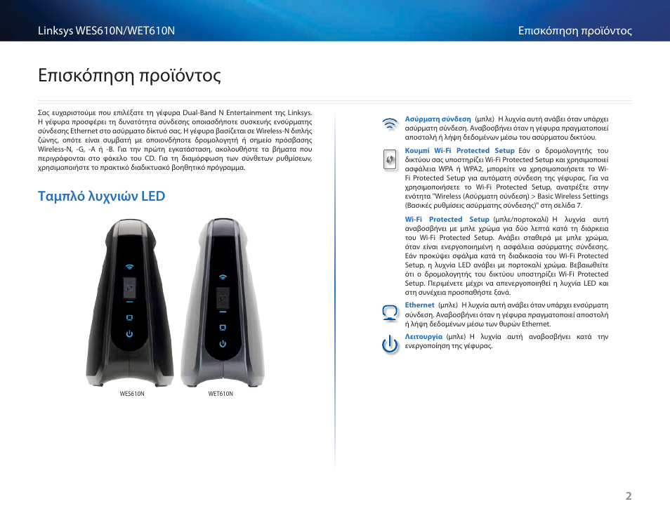 Επισκόπηση προϊόντος, Ταμπλό λυχνιών led, Ταμπλό λυχνιών led 2 | Cisco WES610N User Manual | Page 213 / 546