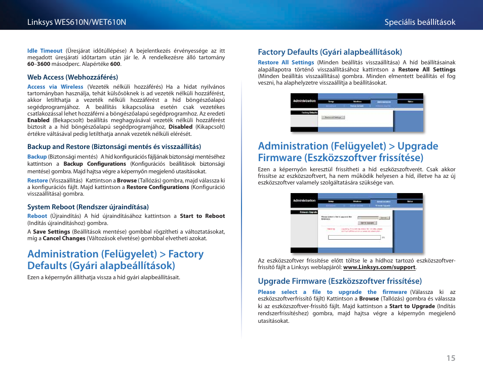 Factory defaults (gyári alapbeállítások), Upgrade firmware (eszközszoftver frissítése), Administration (felügyelet) > factory defaults | Gyári alapbeállítások) 15, Administration (felügyelet) > upgrade firmware, Eszközszoftver frissítése) 15 | Cisco WES610N User Manual | Page 247 / 546