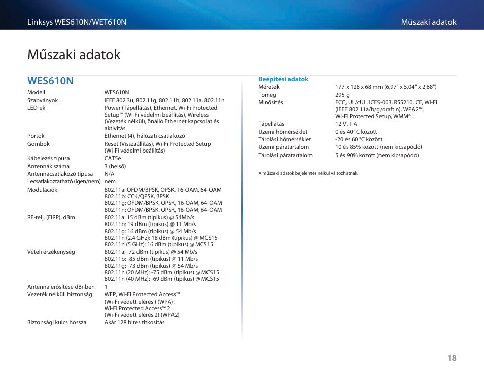 Műszaki adatok, Wes610n, Wes610n 18 | Cisco WES610N User Manual | Page 250 / 546