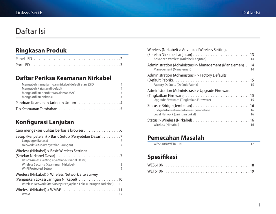 Daftar isi, Ringkasan produk, Daftar periksa keamanan nirkabel | Konfigurasi lanjutan, Pemecahan masalah, Spesifikasi | Cisco WES610N User Manual | Page 254 / 546