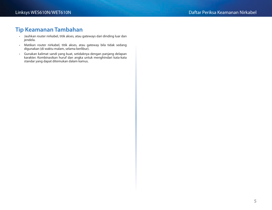 Tip keamanan tambahan, Tip keamanan tambahan 5 | Cisco WES610N User Manual | Page 258 / 546