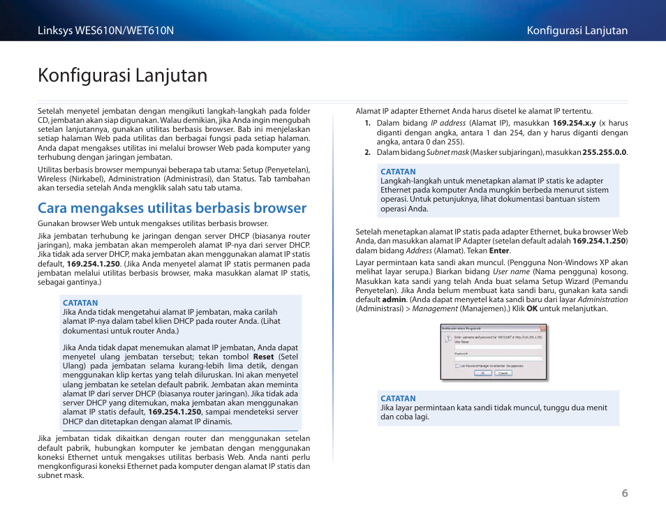 Konfigurasi lanjutan, Cara mengakses utilitas berbasis browser, Cara mengakses utilitas berbasis browser 6 | Cisco WES610N User Manual | Page 259 / 546