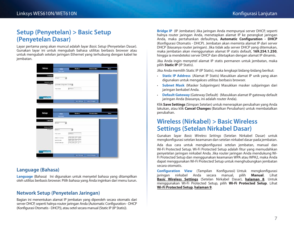 Language (bahasa), Network setup (penyetelan jaringan), Wireless (nirkabel) > basic wireless settings | Setelan nirkabel dasar) 7 | Cisco WES610N User Manual | Page 260 / 546