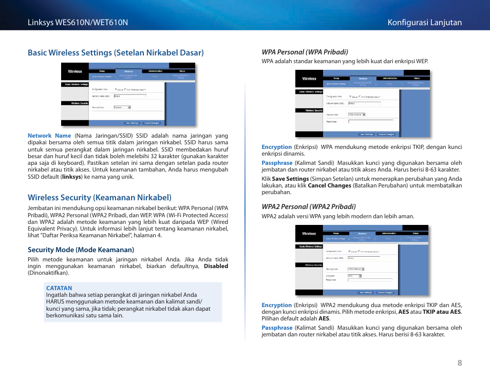 Basic wireless settings (setelan nirkabel dasar), Wireless security (keamanan nirkabel) | Cisco WES610N User Manual | Page 261 / 546