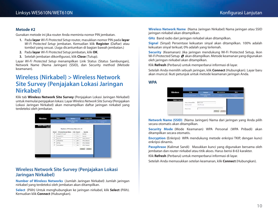 Wireless (nirkabel) > wireless network site survey, Penjajakan lokasi jaringan nirkabel) 10 | Cisco WES610N User Manual | Page 263 / 546