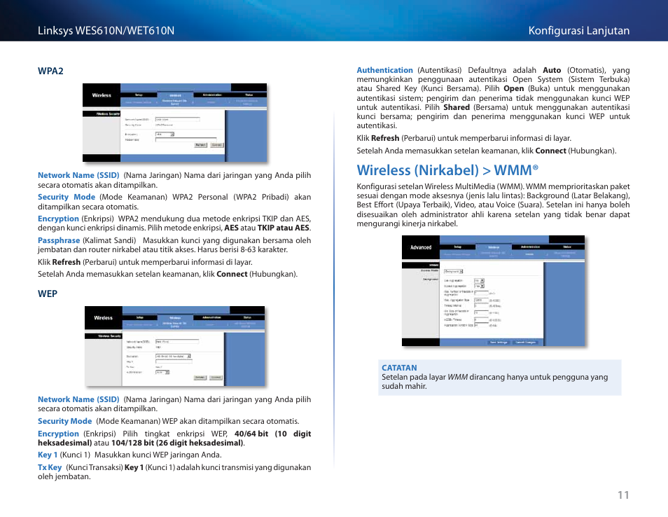 Wireless (nirkabel) > wmm, Wireless (nirkabel) > wmm® 11 | Cisco WES610N User Manual | Page 264 / 546