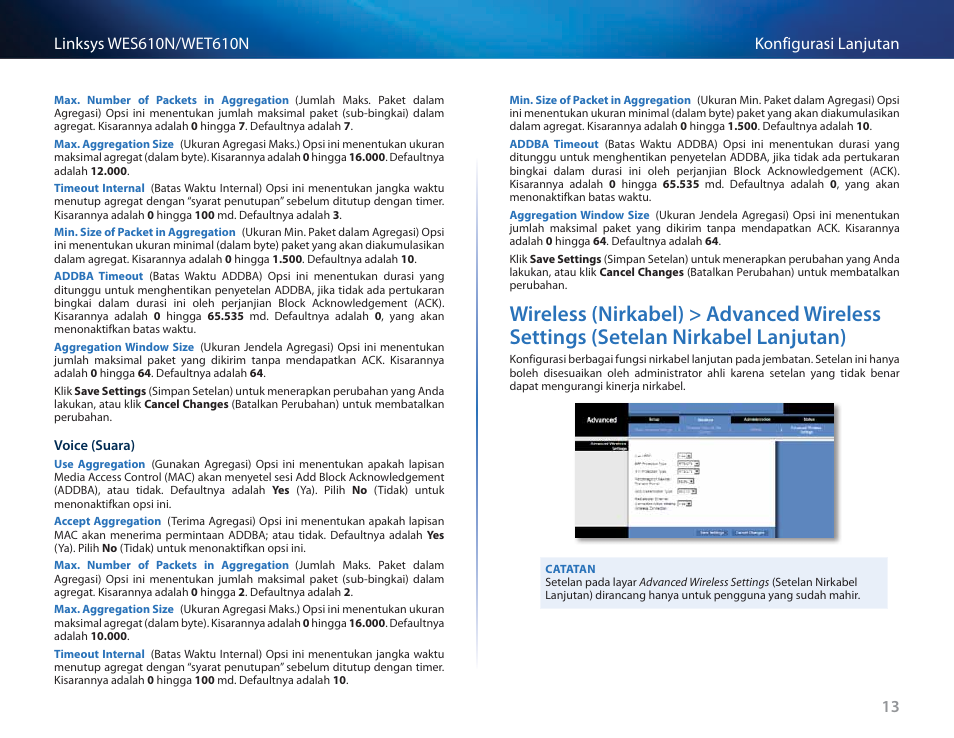 Wireless (nirkabel) > advanced wireless settings, Setelan nirkabel lanjutan) 13 | Cisco WES610N User Manual | Page 266 / 546