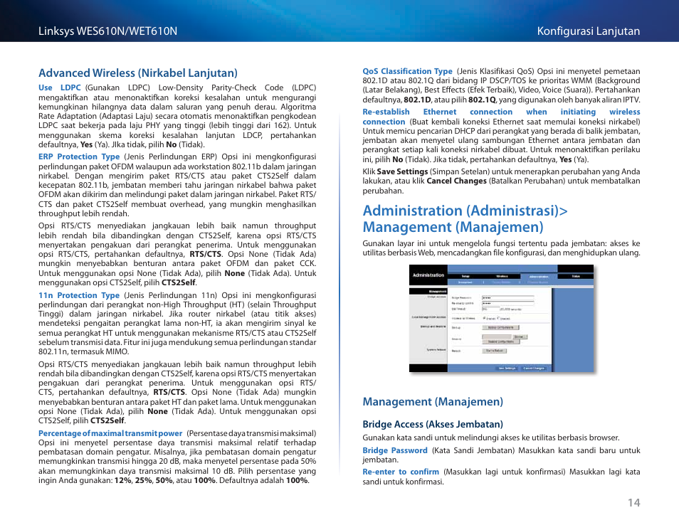Advanced wireless (nirkabel lanjutan), Management (manajemen) | Cisco WES610N User Manual | Page 267 / 546
