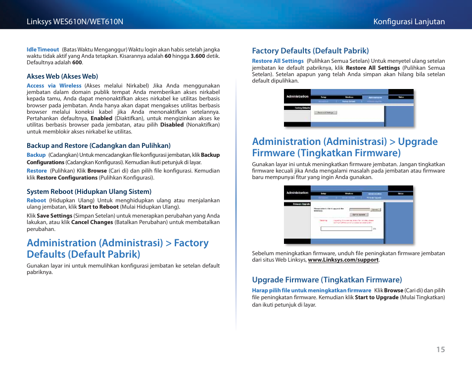 Factory defaults (default pabrik), Upgrade firmware (tingkatkan firmware), Administration (administrasi) > factory defaults | Default pabrik) 15, Administration (administrasi) > upgrade firmware, Tingkatkan firmware) 15 | Cisco WES610N User Manual | Page 268 / 546