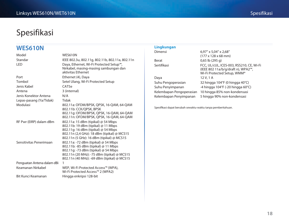 Spesifikasi, Wes610n, Wes610n 18 | Cisco WES610N User Manual | Page 271 / 546