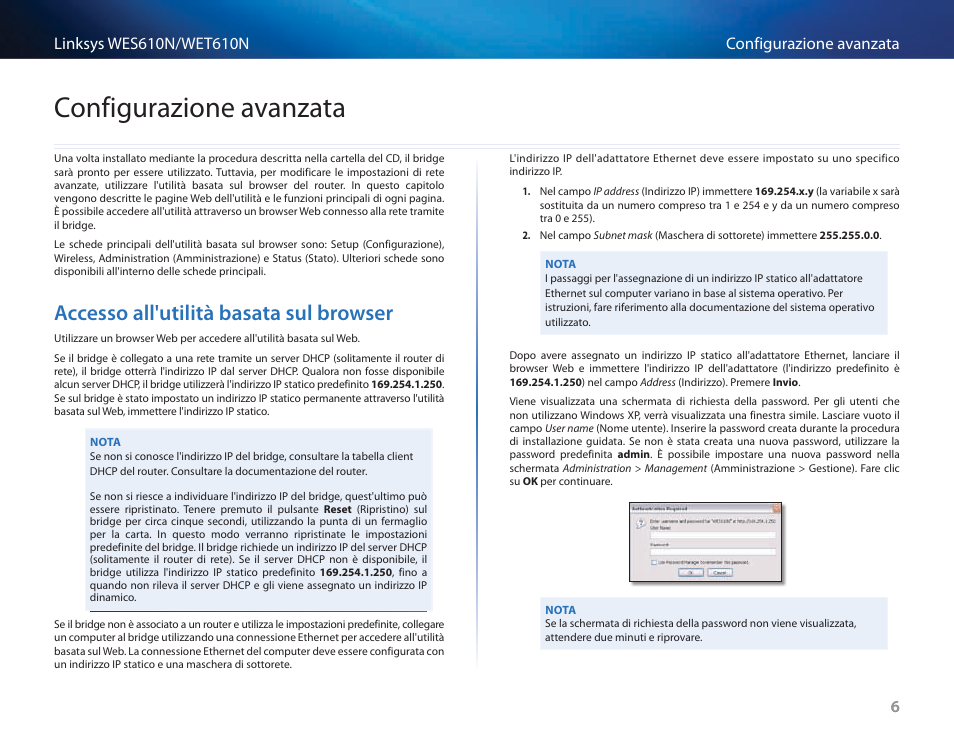 Configurazione avanzata, Accesso all'utilità basata sul browser | Cisco WES610N User Manual | Page 280 / 546