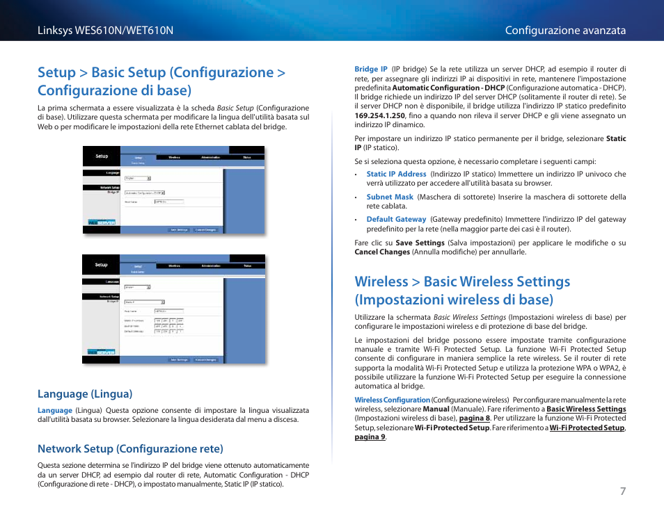 Language (lingua), Network setup (configurazione rete), Base) | Cisco WES610N User Manual | Page 281 / 546