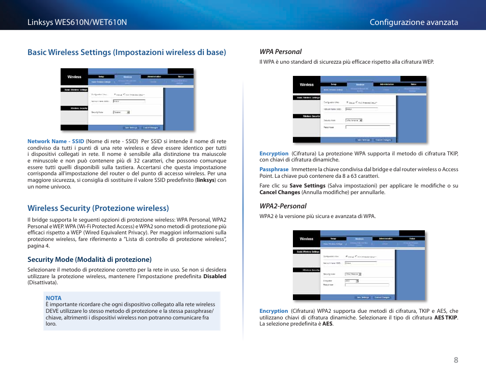 Wireless security (protezione wireless), A basic wireless settings | Cisco WES610N User Manual | Page 282 / 546