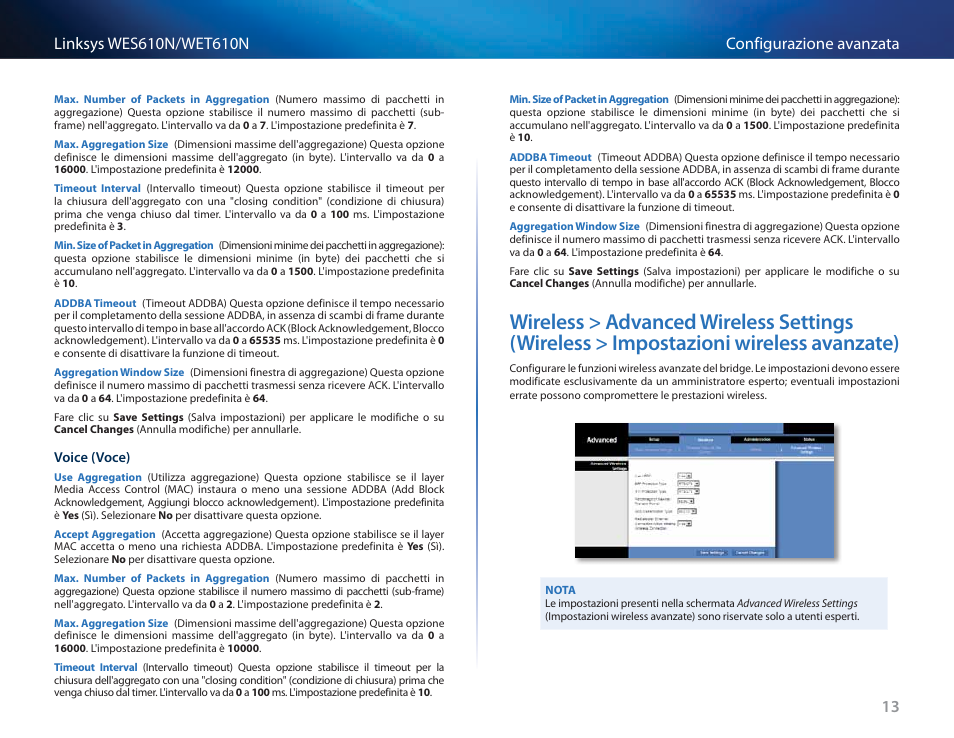 Wireless > advanced wireless settings (wireless, Impostazioni wireless avanzate) | Cisco WES610N User Manual | Page 287 / 546