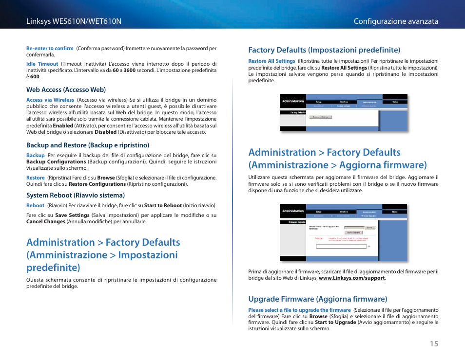 Factory defaults (impostazioni predefinite), Upgrade firmware (aggiorna firmware), Administration > factory defaults (amministrazione | Impostazioni predefinite), Aggiorna firmware) | Cisco WES610N User Manual | Page 289 / 546