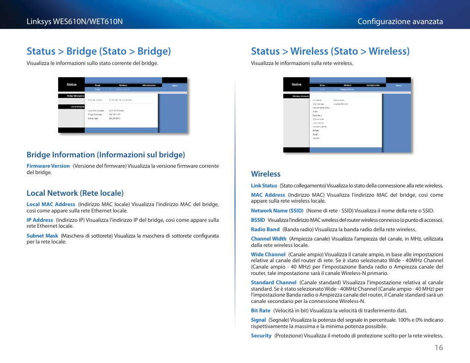 Status > bridge (stato > bridge), Bridge information (informazioni sul bridge), Local network (rete locale) | Status > wireless (stato > wireless), Wireless | Cisco WES610N User Manual | Page 290 / 546