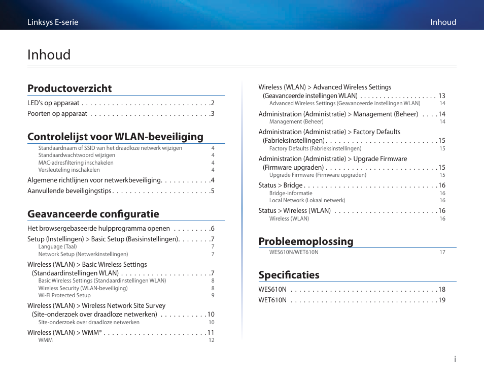 Inhoud, Productoverzicht, Controlelijst voor wlan-beveiliging | Geavanceerde configuratie, Probleemoplossing, Specificaties | Cisco WES610N User Manual | Page 296 / 546