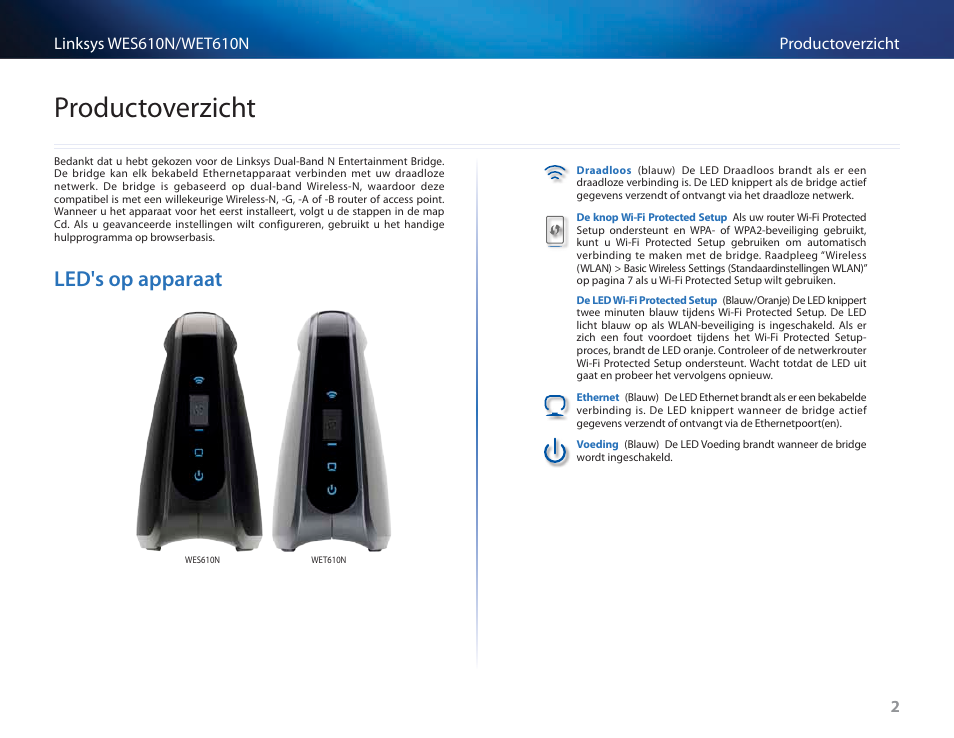 Productoverzicht, Led's op apparaat, Led's op apparaat 2 | Cisco WES610N User Manual | Page 297 / 546