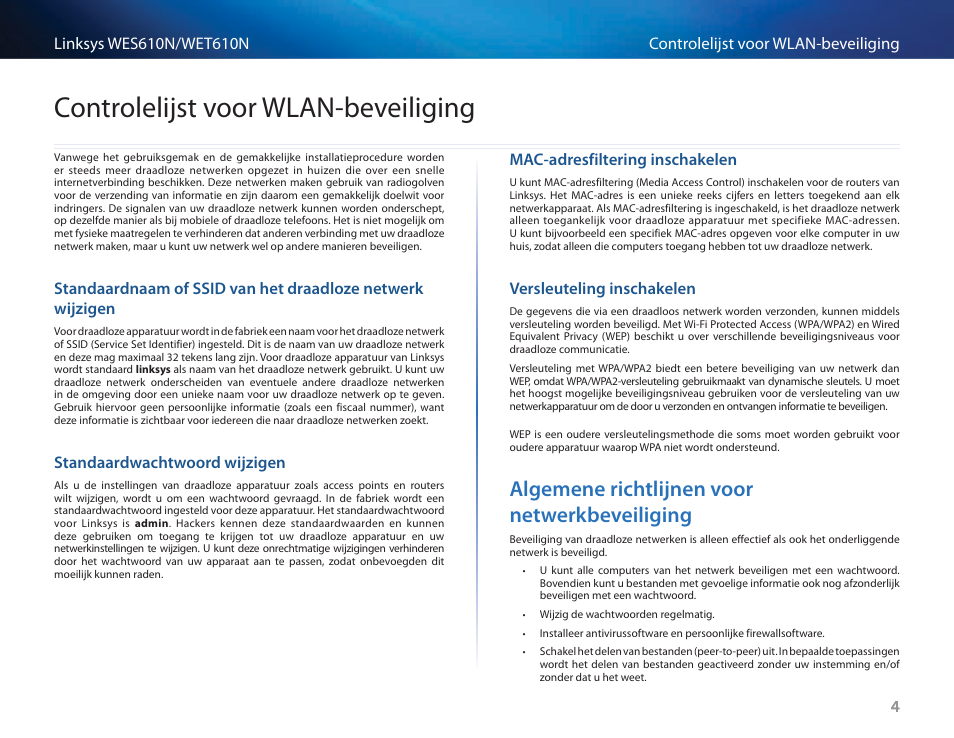Controlelijst voor wlan-beveiliging, Standaardwachtwoord wijzigen, Mac-adresfiltering inschakelen | Versleuteling inschakelen, Algemene richtlijnen voor netwerkbeveiliging, Algemene richtlijnen voor netwerkbeveiliging 4 | Cisco WES610N User Manual | Page 299 / 546