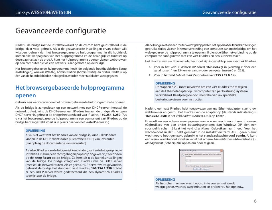 Geavanceerde configuratie, Het browsergebaseerde hulpprogramma openen, Het browsergebaseerde hulpprogramma openen 6 | Cisco WES610N User Manual | Page 301 / 546