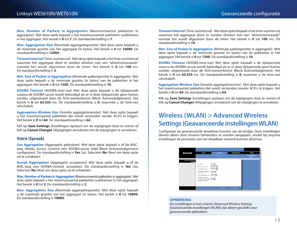 Wireless (wlan) > advanced wireless settings, Geavanceerde instellingen wlan) 13 | Cisco WES610N User Manual | Page 308 / 546