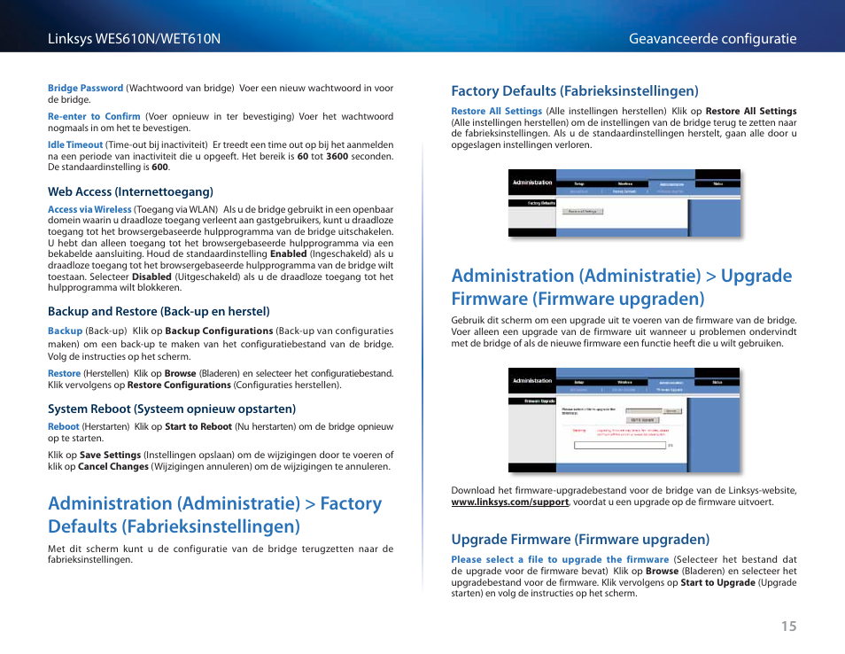 Factory defaults (fabrieksinstellingen), Upgrade firmware (firmware upgraden), Administration (administratie) > factory defaults | Fabrieksinstellingen) 15, Administration (administratie) > upgrade firmware, Firmware upgraden) 15 | Cisco WES610N User Manual | Page 310 / 546