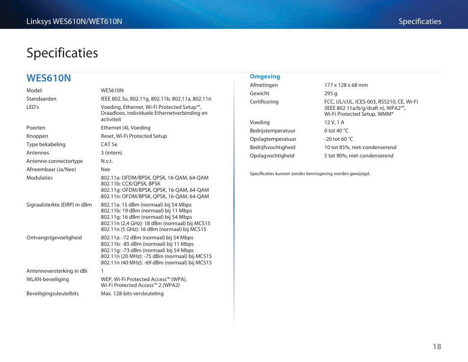 Specificaties, Wes610n, Wes610n 18 | Cisco WES610N User Manual | Page 313 / 546