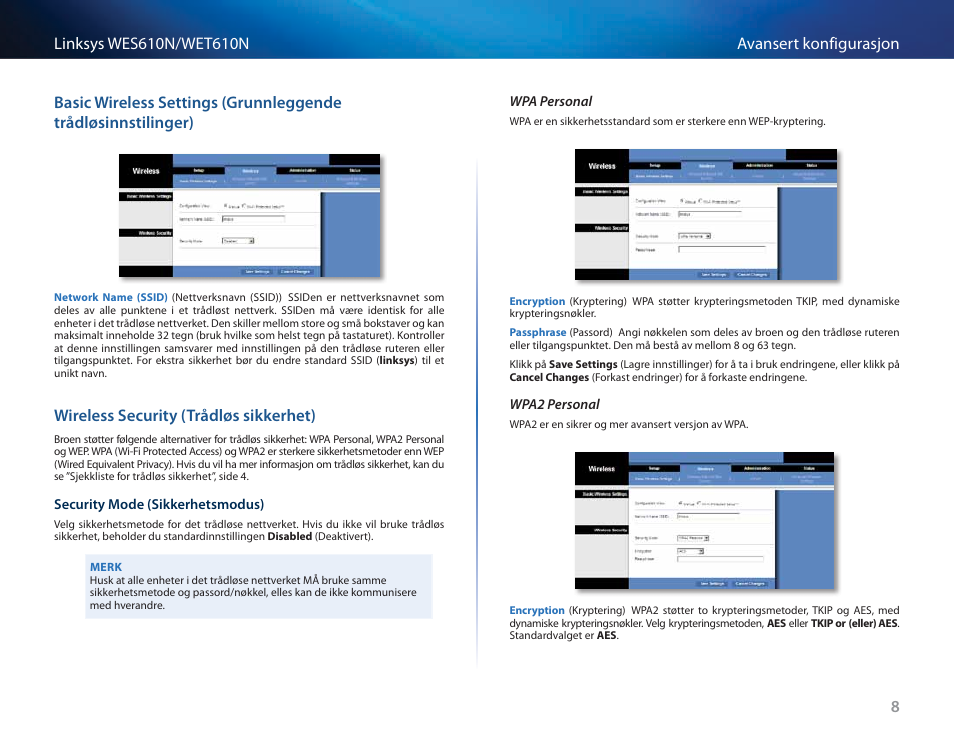 Wireless security (trådløs sikkerhet) | Cisco WES610N User Manual | Page 324 / 546