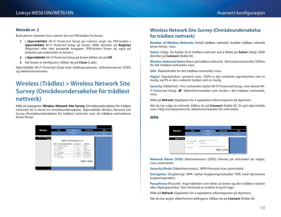 Wireless (trådløs) > wireless network site survey, Områdeundersøkelse for trådløst nettverk), Nettverk) | Cisco WES610N User Manual | Page 326 / 546