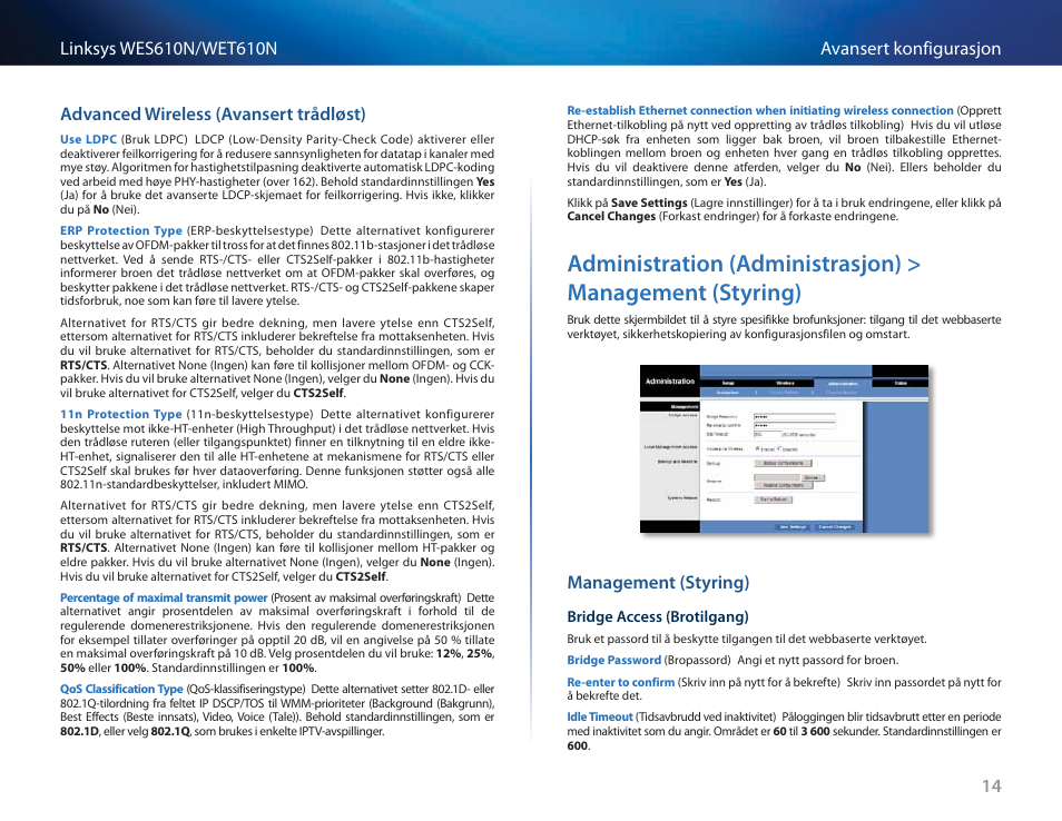 Advanced wireless (avansert trådløst), Management (styring) | Cisco WES610N User Manual | Page 330 / 546
