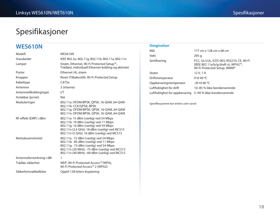 Spesifikasjoner, Wes610n | Cisco WES610N User Manual | Page 334 / 546
