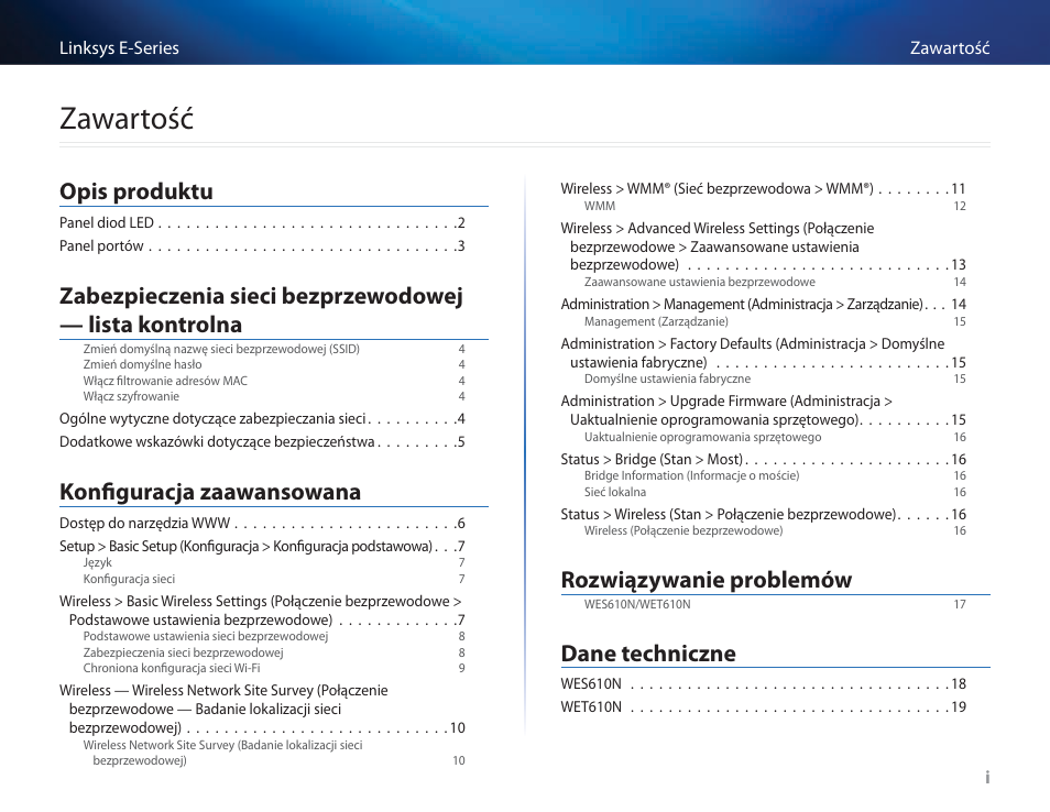 Zawartość, Opis produktu, Konfiguracja zaawansowana | Rozwiązywanie problemów, Dane techniczne | Cisco WES610N User Manual | Page 338 / 546
