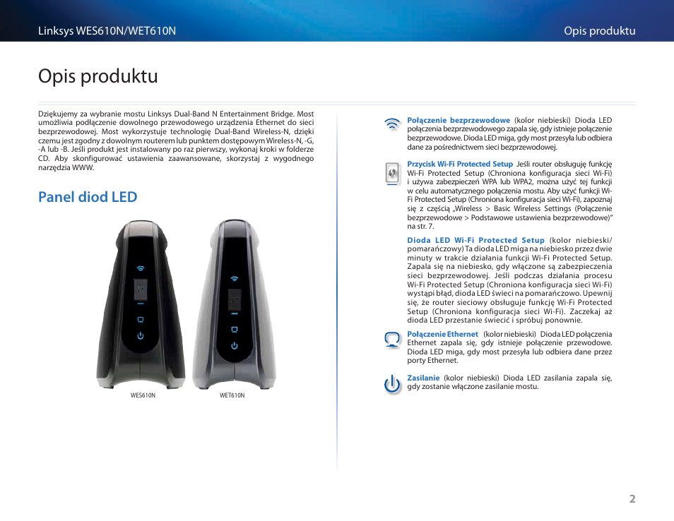 Opis produktu, Panel diod led, Panel diod led 2 | Cisco WES610N User Manual | Page 339 / 546