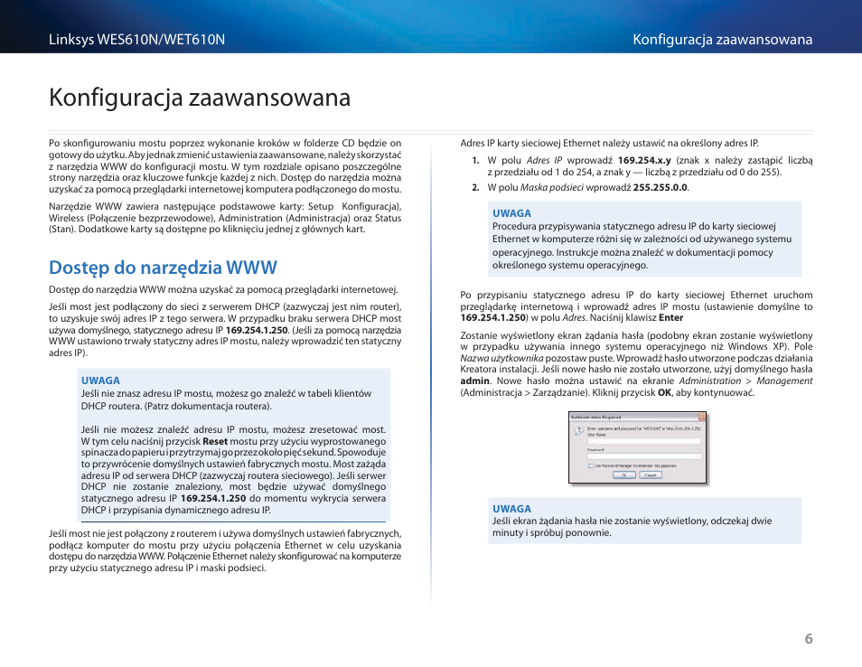 Konfiguracja zaawansowana, Dostęp do narzędzia www, Dostęp do narzędzia www 6 | Cisco WES610N User Manual | Page 343 / 546