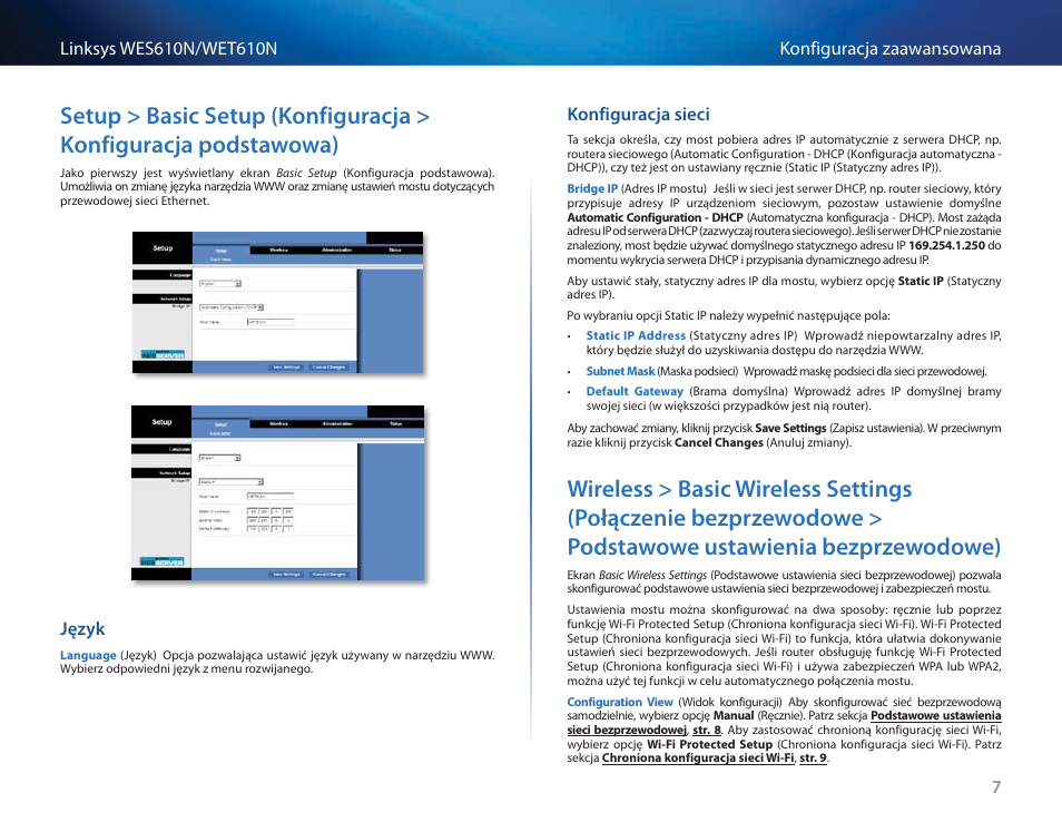 Język, Konfiguracja sieci, Podstawowe ustawienia bezprzewodowe) 7 | Cisco WES610N User Manual | Page 344 / 546