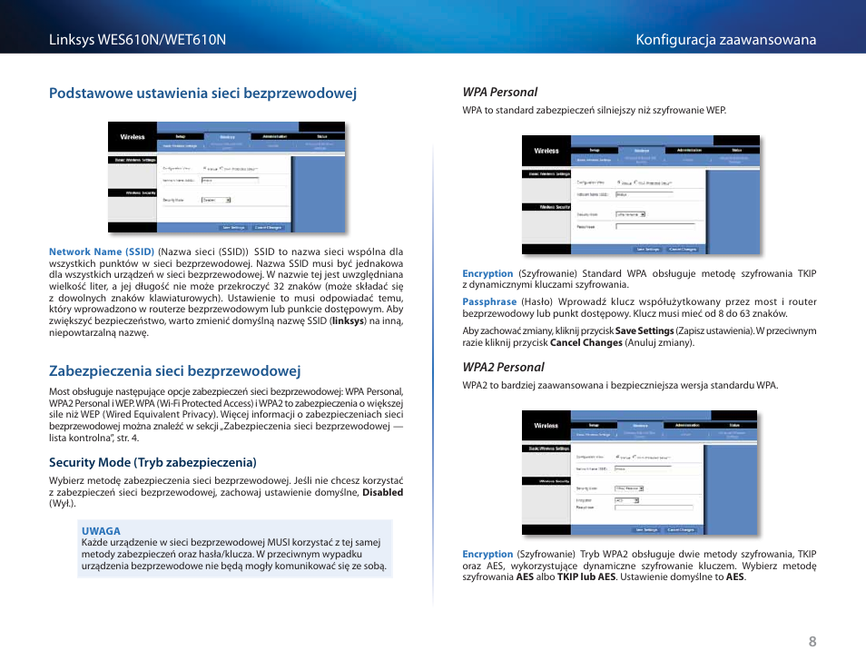 Podstawowe ustawienia sieci bezprzewodowej, Zabezpieczenia sieci bezprzewodowej | Cisco WES610N User Manual | Page 345 / 546