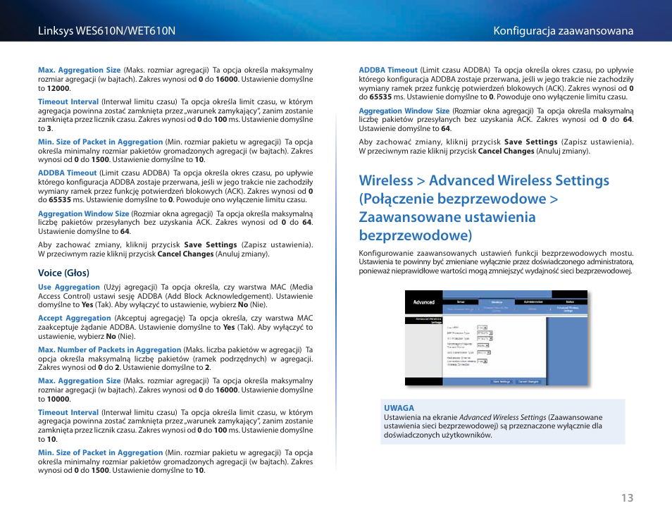 Wireless > advanced wireless settings (połączenie, Bezprzewodowe > zaawansowane ustawienia, Bezprzewodowe) 13 | Cisco WES610N User Manual | Page 350 / 546