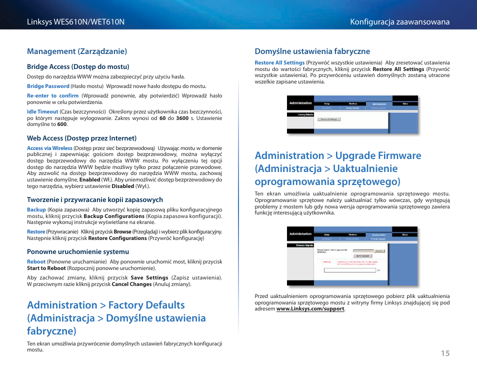 Management (zarządzanie), Domyślne ustawienia fabryczne, Ustawienia fabryczne) 15 | Administration > upgrade firmware (administracja, Uaktualnienie oprogramowania sprzętowego) 15 | Cisco WES610N User Manual | Page 352 / 546